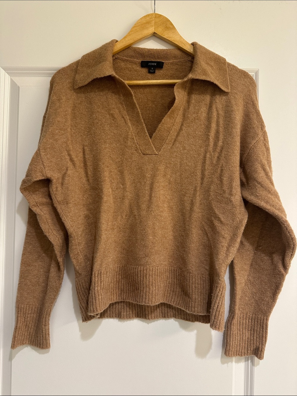 J. Crew Wool Camel Collared V-Neck Sweater